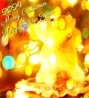 FX №148300 Happy new years 2024 toy dog. Christmas bokeh greetings background.