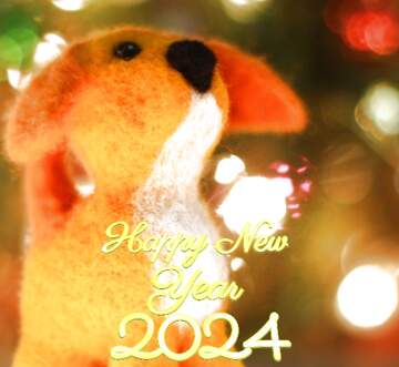 FX №148444 Happy new year 2024  yellow dog. Christmas greetings background.