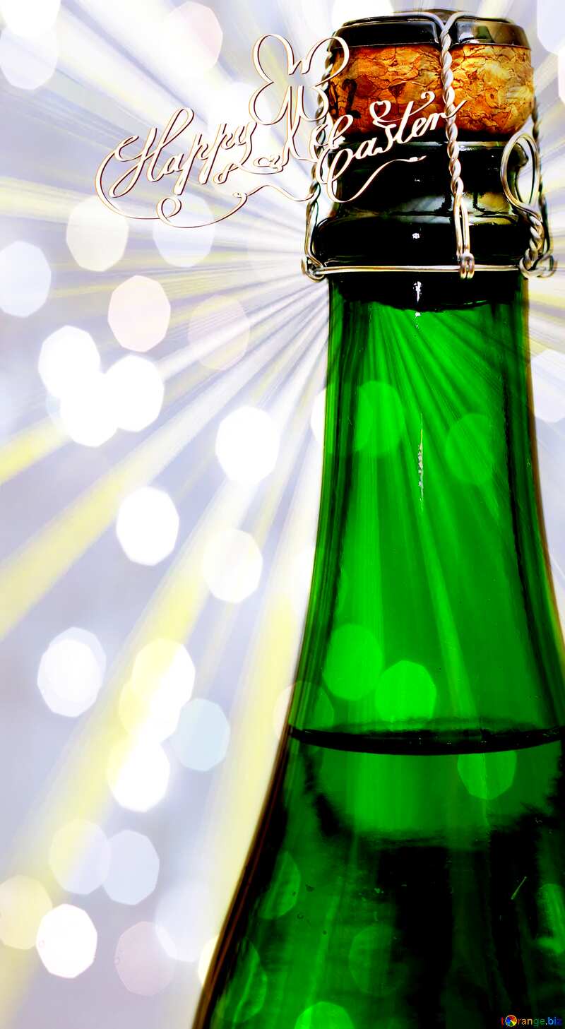 Bottle champagne sunlight rays happy easter card bokeh  background №25786