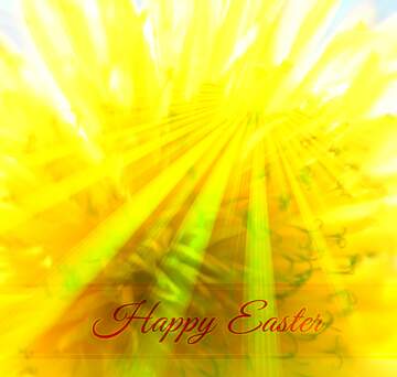 FX №169540 Bright yellow dandelion flower Inscription Happy Easter on Background with Rays of sunlight