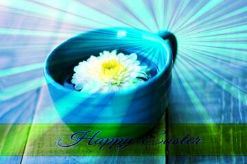 FX №169652 Decoration with flower Inscription Happy Easter on Background with Rays of sunlight