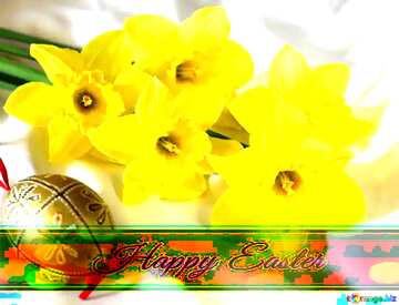FX №169960 Easter bouquet of daffodils Inscription Happy Easter on bokeh ribbon