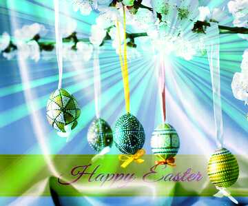 FX №169773 Eggs on flowering branch Inscription Happy Easter on Background with Rays of sunlight