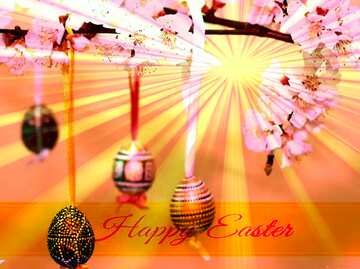 FX №169771 Flowering tree with easter eggs Inscription Happy Easter on Background with Rays of sunlight