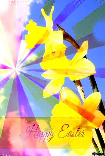FX №170000 Spring bouquet Card with Happy Easter write text on Colors rays background