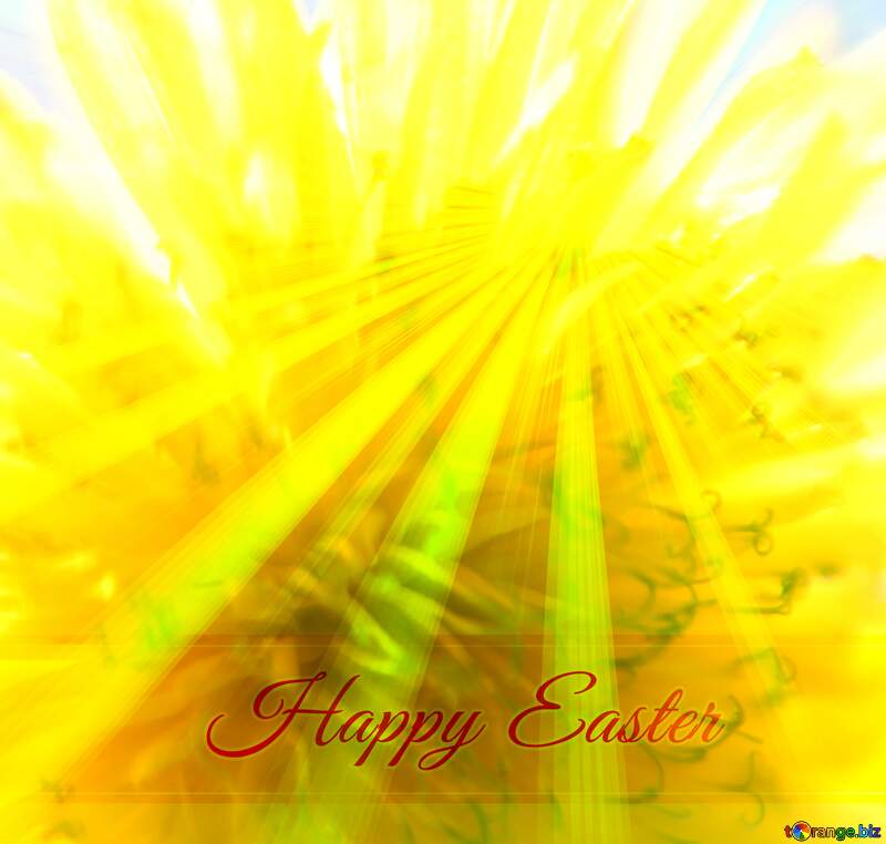 Bright yellow dandelion flower Inscription Happy Easter on Background with Rays of sunlight №46765
