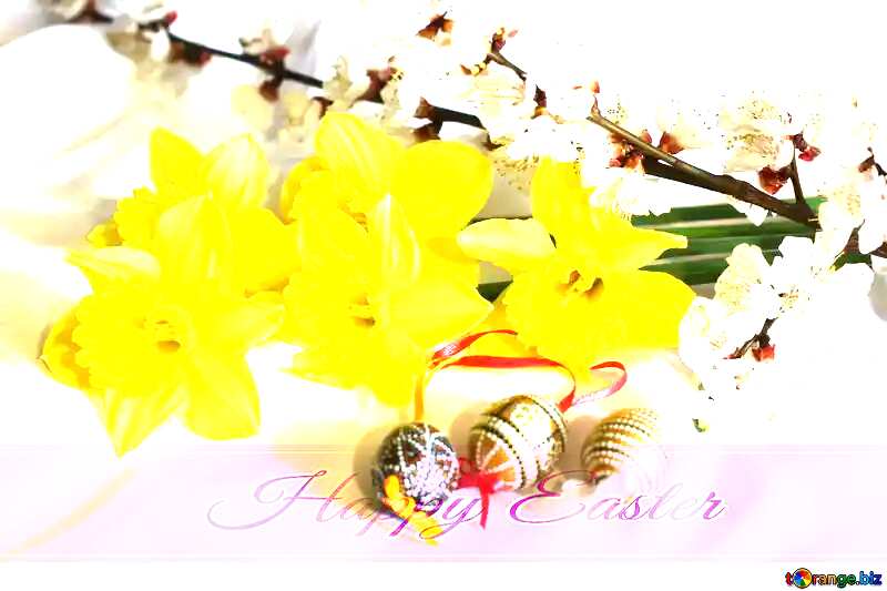 Easter background with flowers Happy Easter on pink ribbon №29977