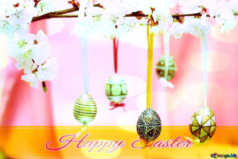 Branch of blossoming apricot with Easter egg Happy Easter card write text background №29834