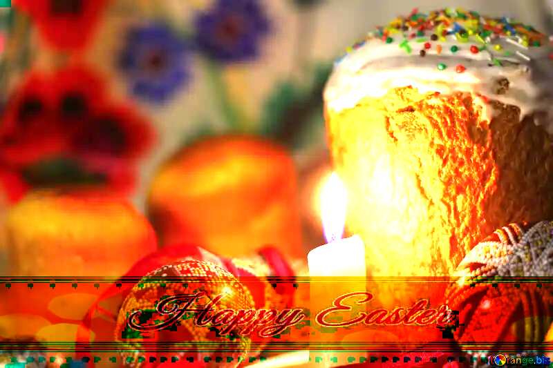 Candle eggs and Easter Inscription Happy Easter on bokeh ribbon №30087