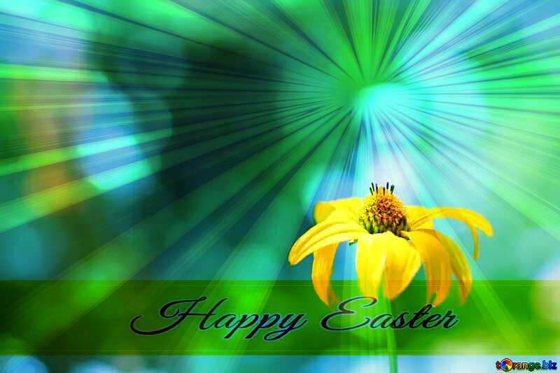 Flower on desktop Inscription Happy Easter on Background with Rays of sunlight №33466