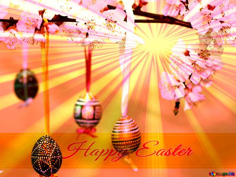 Flowering tree with easter eggs Inscription Happy Easter on Background with Rays of sunlight №29833