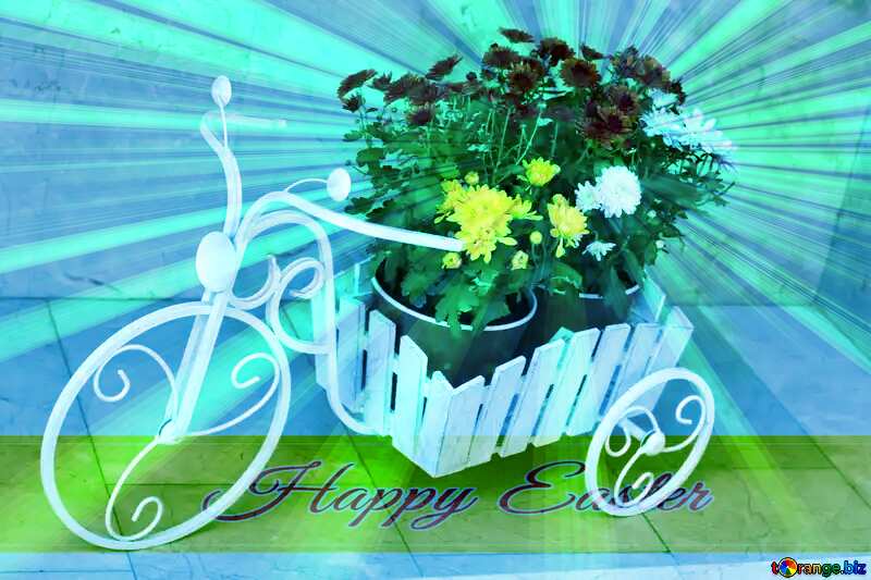 Moto flowerpot Inscription Happy Easter on Background with Rays of sunlight №42075