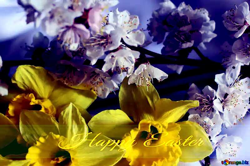 Spring Flower Bouquet Blue card with Inscription Happy Easter №29973