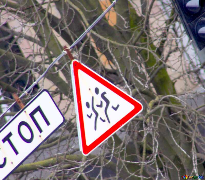Image for profile picture Plate stop near the traffic lights and sign of caution pedestrians. №1352