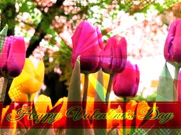FX №170508 Flowers tulips Greeting card retro style background Lettering Happy Valentine`s Day