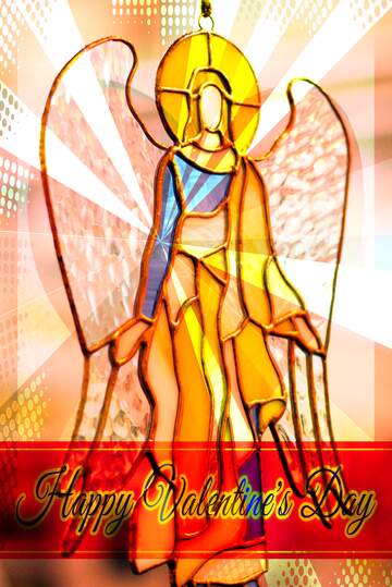 FX №170859 Stained glass. Angel of colored glass Greeting card retro style background Lettering Happy...