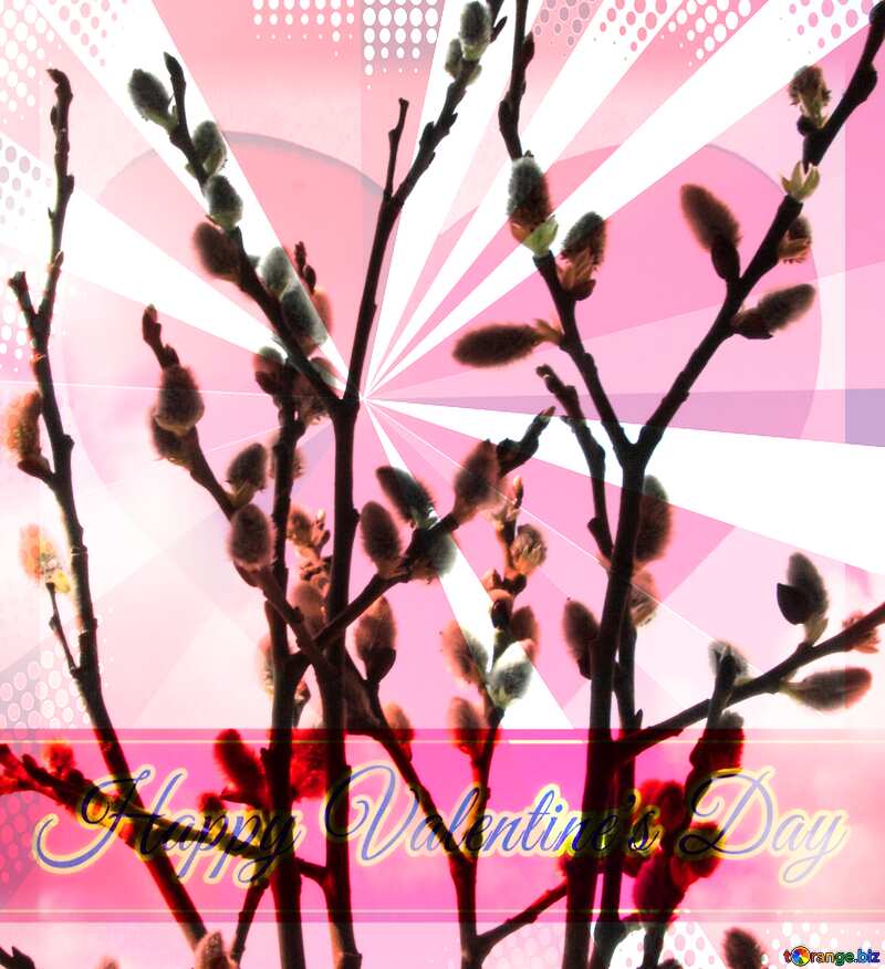 Flowers  willow  on  background  sky Greeting card retro style background Lettering Happy Valentine`s Day №1018