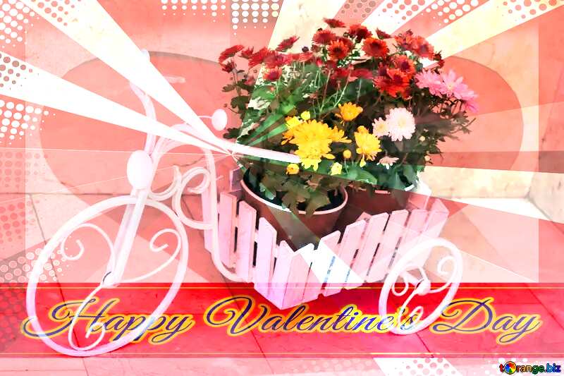 Flowerpot bike Greeting card retro style background Lettering Happy Valentine`s Day №42075