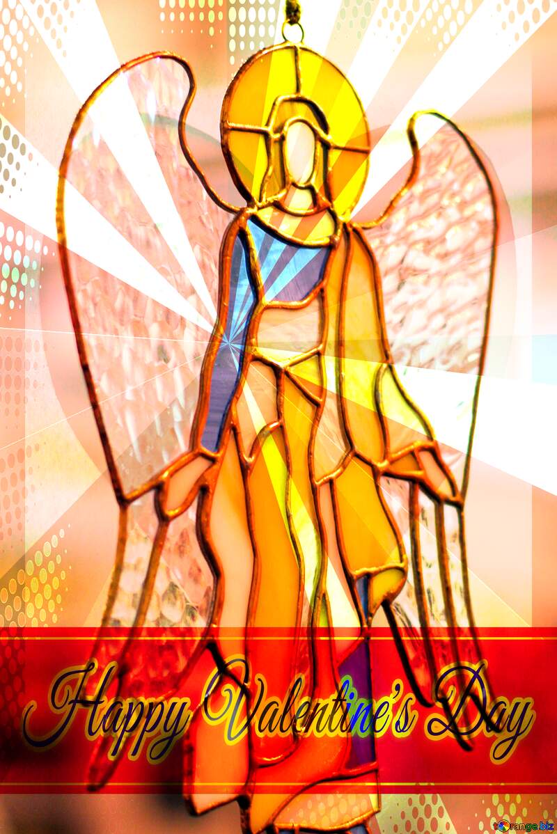 Stained glass. Angel of colored glass Greeting card retro style background Lettering Happy Valentine`s Day №49161