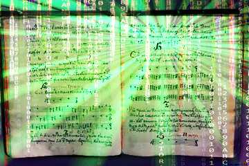 FX №171886 Ancient book with notes Digital matrix style background overlay Rays of sunlight