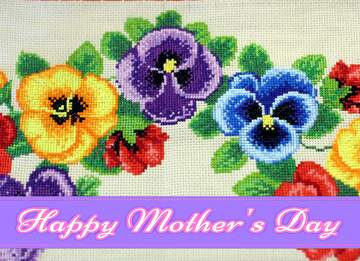 FX №171244 Pansy flowers embroidered on the fabric Pretty Lettering Happy Mothers Day
