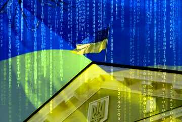 FX №172154 Flag of Ukraine over the building Ukrainian hackers