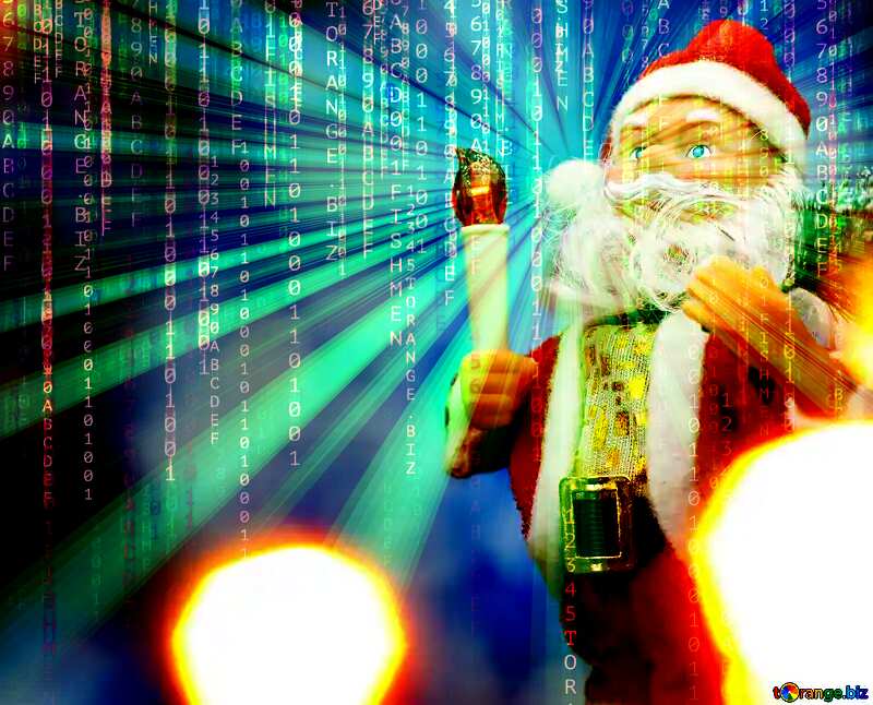 Santa Claus toy brings Christmas tree at blue snowy night bokeh background and blurred lights foreground.  Digital Abstract technology background with binary code and sunrise №48159
