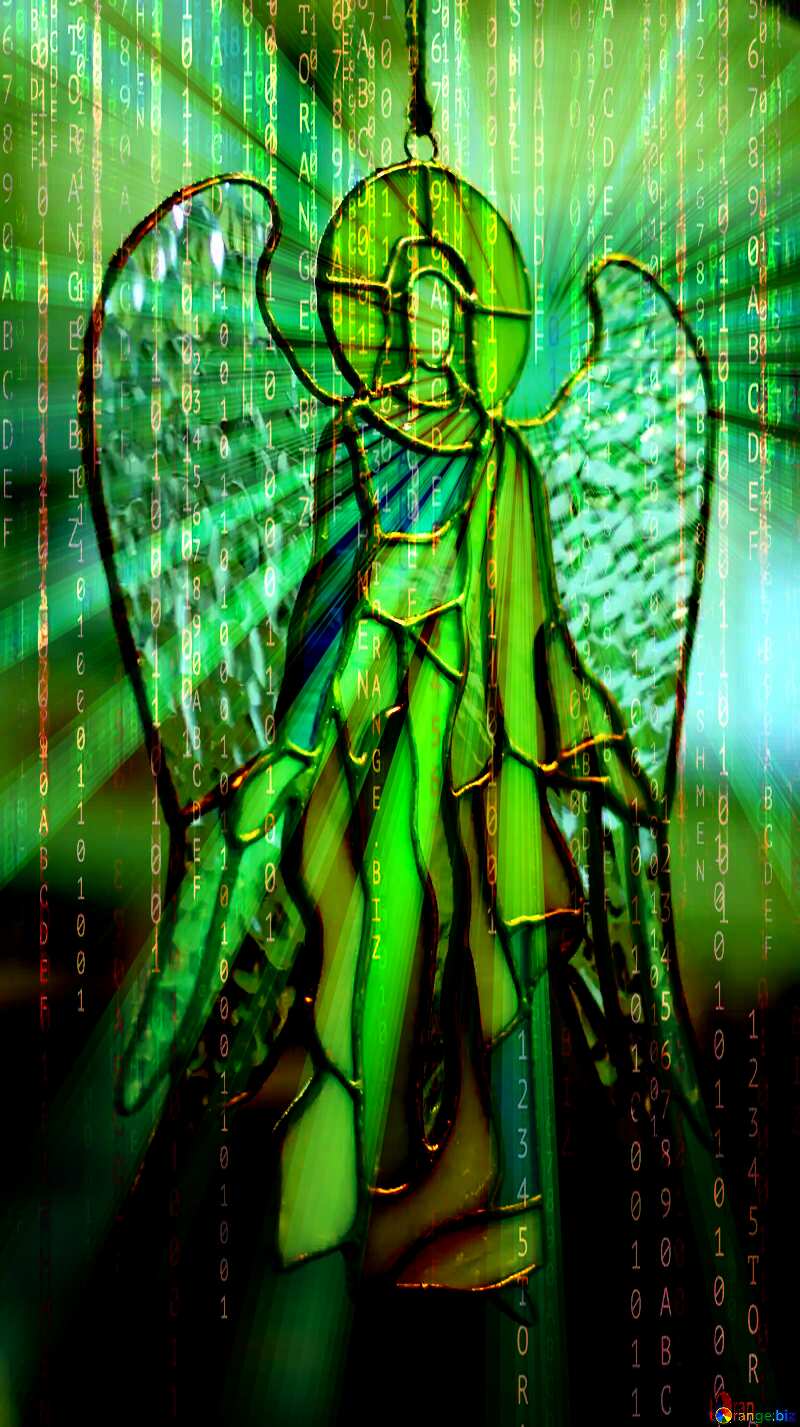 Stained glass. Angel of colored glass Digital Abstract technology background with binary code and sunrise №49161