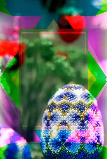 FX №174535 Easter egg decorated with beads on the background of flowers Colorful geometric template frame