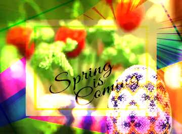 FX №174882 Easter egg decorated with beads on the background of flowers Colorful illustration template frame...