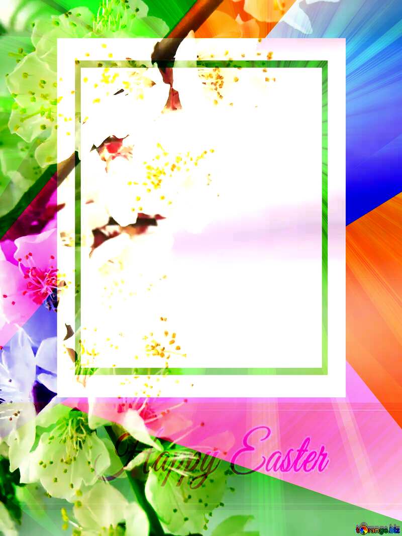The tree blooms in spring Colorful card template frame with Inscription Happy Easter on Background with Rays of sunlight №30030