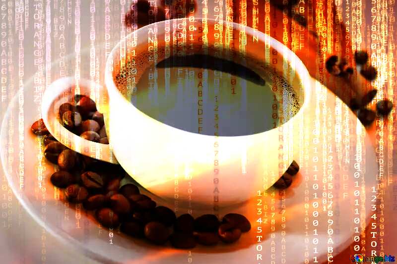 Hot coffee on Digital technology background with binary code №32168