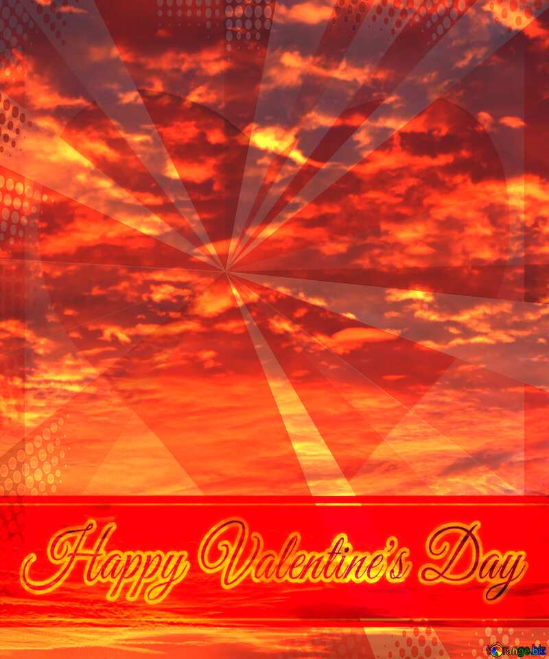 Red sunset greeting card retro style background Lettering Happy Valentine`s Day №44615