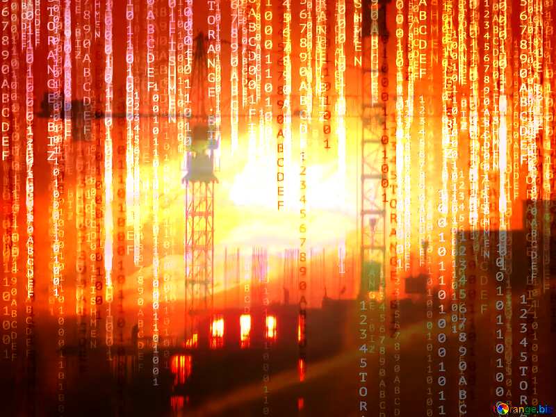 Sun sunset and Construction of a multi-storey building overlay Red Digital technology background with binary code №30337