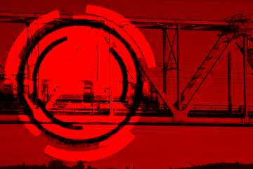 FX №178791 City train at  Bridge  Infographics circle frame Red Card Background