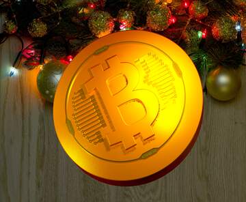 FX №181931 Bitcoin gold light coin Christmas wooden background