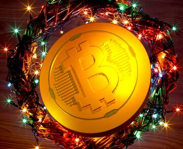 FX №181933 Bitcoin gold light coin Christmas wreath with a cock background with space for text