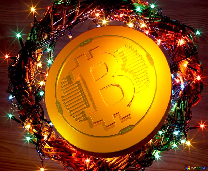 Bitcoin gold light coin Christmas wreath with a cock background with space for text №48021