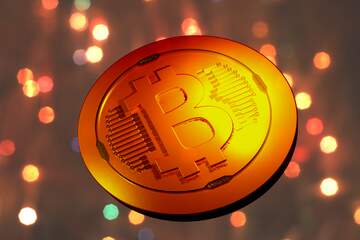 FX №182043 Bitcoin gold light coin Background of Christmas lights
