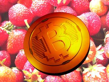 FX №182051 Bitcoin gold light coin Background on the desktop strawberries
