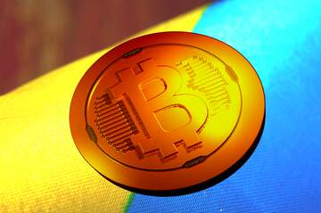 FX №182014 Bitcoin gold light coin Background with the flag of Ukraine