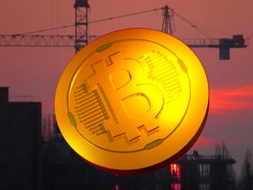 FX №182026 Bitcoin gold light coin Sunset on background construction