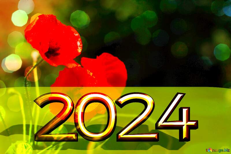 Happy new year 2022 card with Poppies  red flowers bokeh background №37107