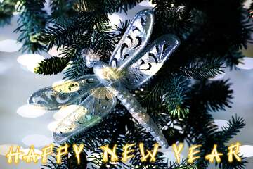 FX №184032 Christmas card text happy new year  Dragonfly  bokeh
