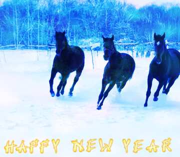 FX №184173 Three horses in the snow Snowflakes Happy New Year Background