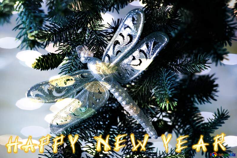 Christmas card text happy new year  Dragonfly  bokeh №18395