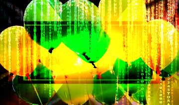 FX №186131 Green balloons Red Digital technology background with binary code   powerpoint website infographic...