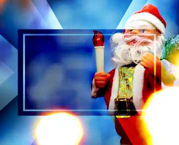 FX №186180 Santa Claus toy brings Christmas tree at blue snowy night bokeh background and blurred lights...
