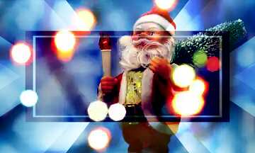 FX №186177 Santa Claus toy brings Christmas tree at blue snowy night bokeh background and blurred lights...