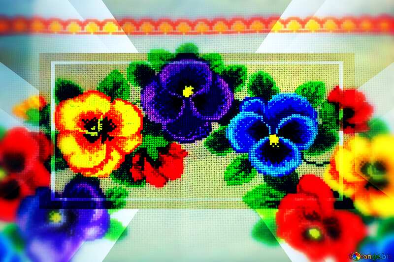 Pansy flowers embroidered on the fabric  powerpoint website infographic template banner layout design responsive brochure business №49107